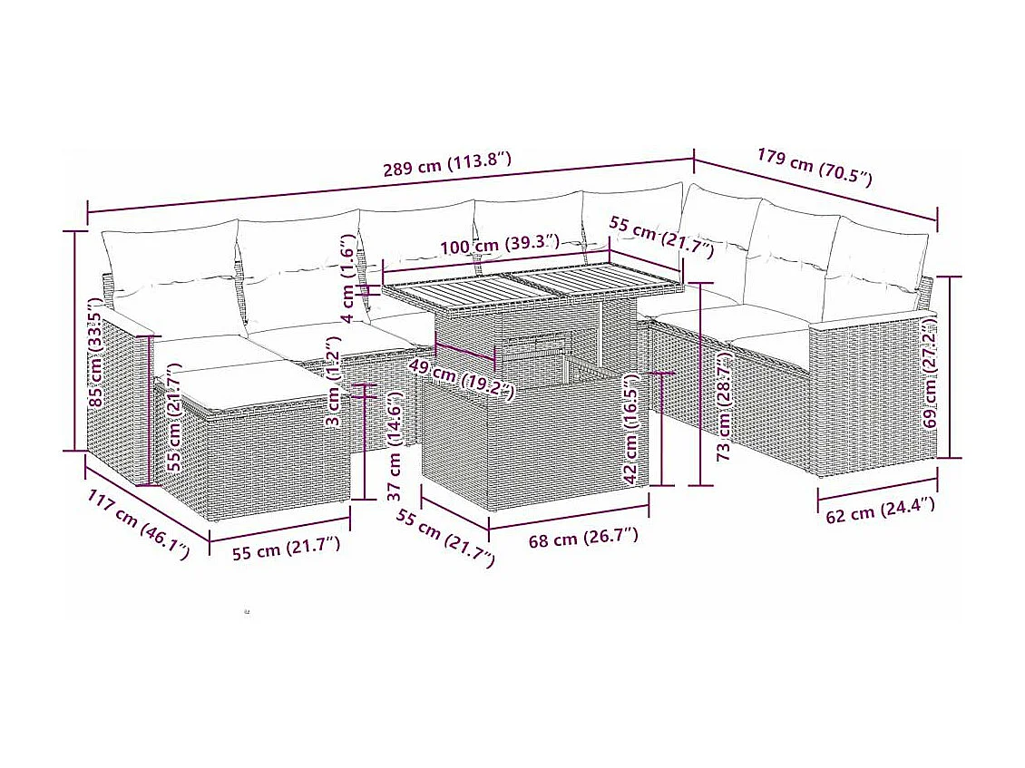 Set Divano da Giardino 9 pz con Cuscini Beige Polyrattan Acacia