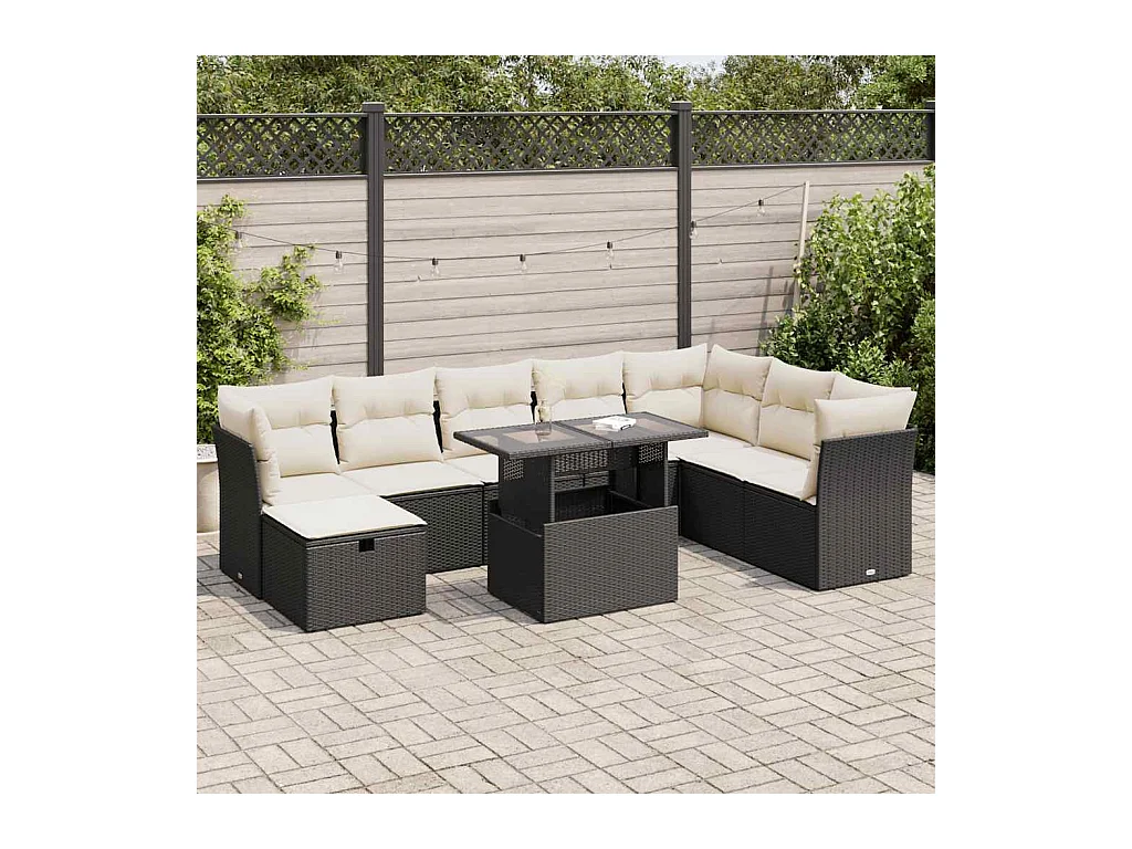 Set Divani da Giardino 9 pz con Cuscini Nero in Polyrattan
