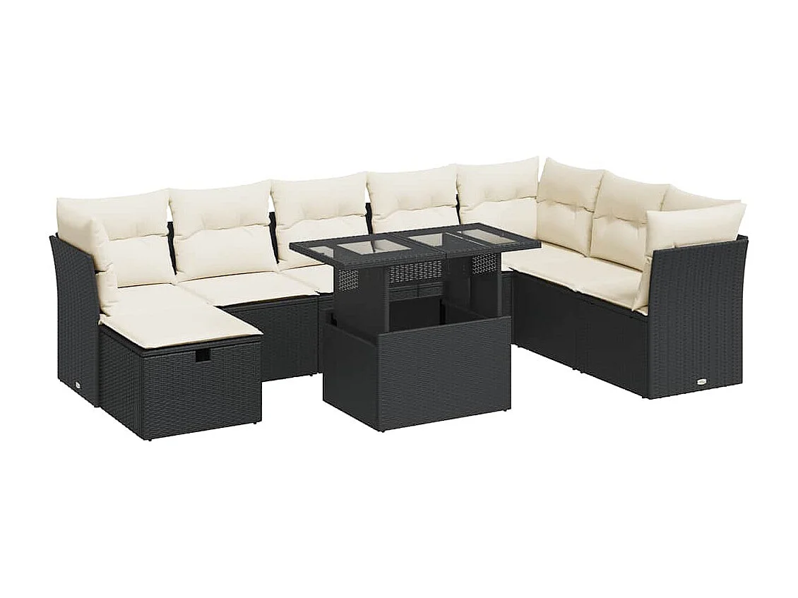 Set Divani da Giardino 9 pz con Cuscini Nero in Polyrattan