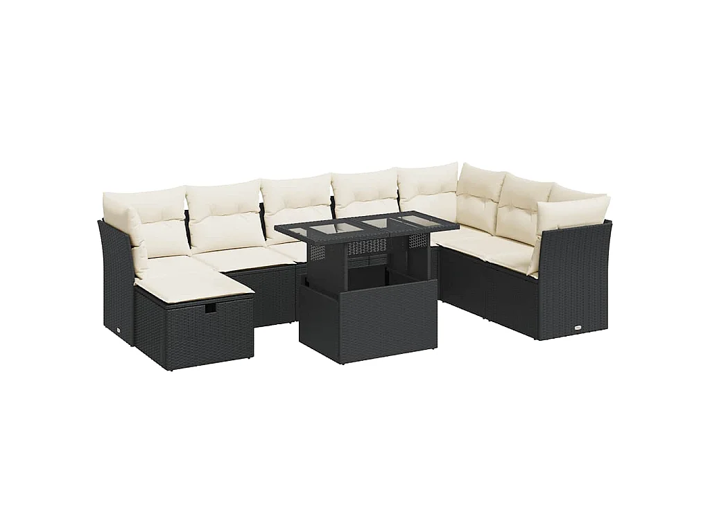 9-tlg. Garten-Sofagarnitur mit Kissen Schwarz Poly Rattan