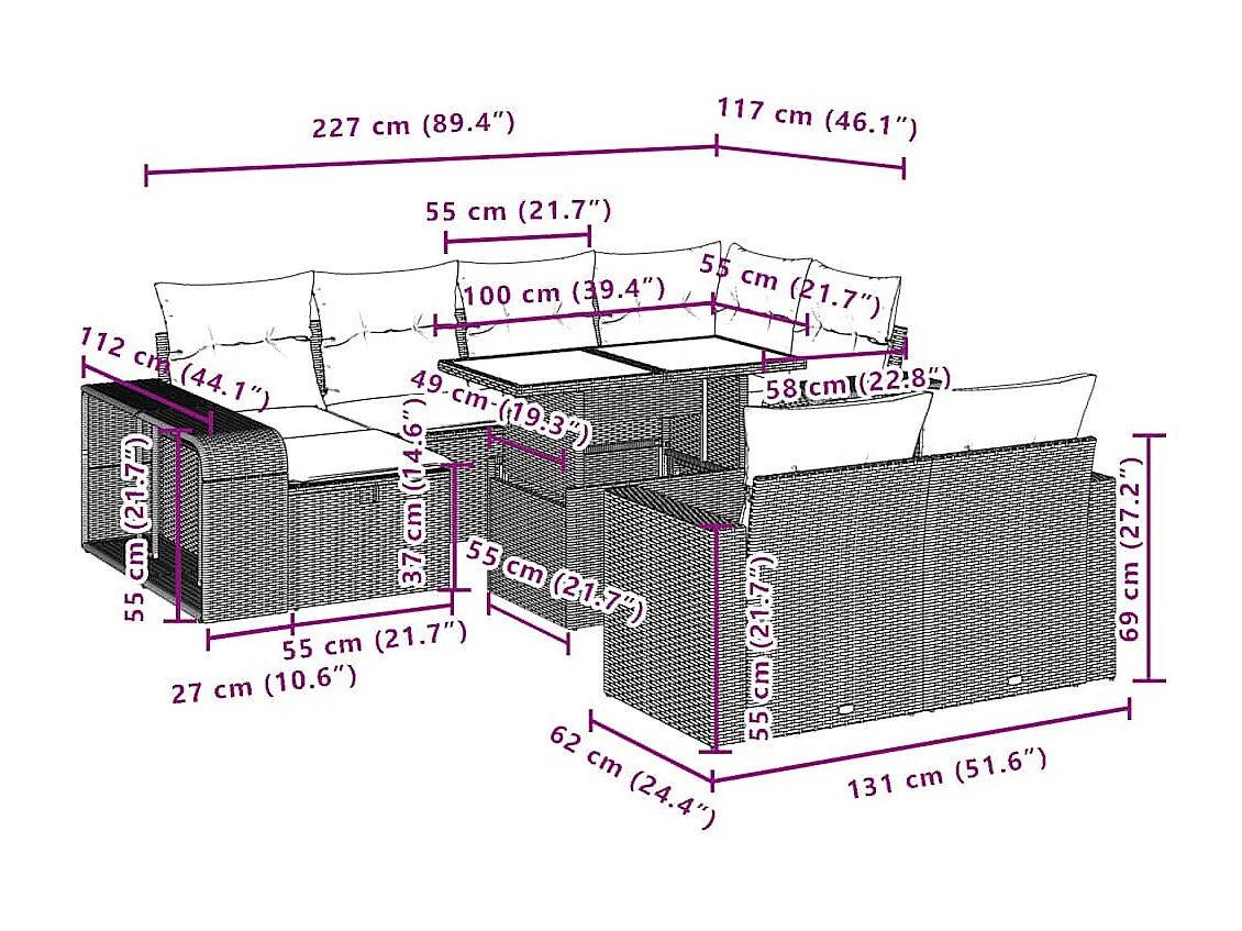 Salon de jardin et coussins 11 pcs marron résine tressée