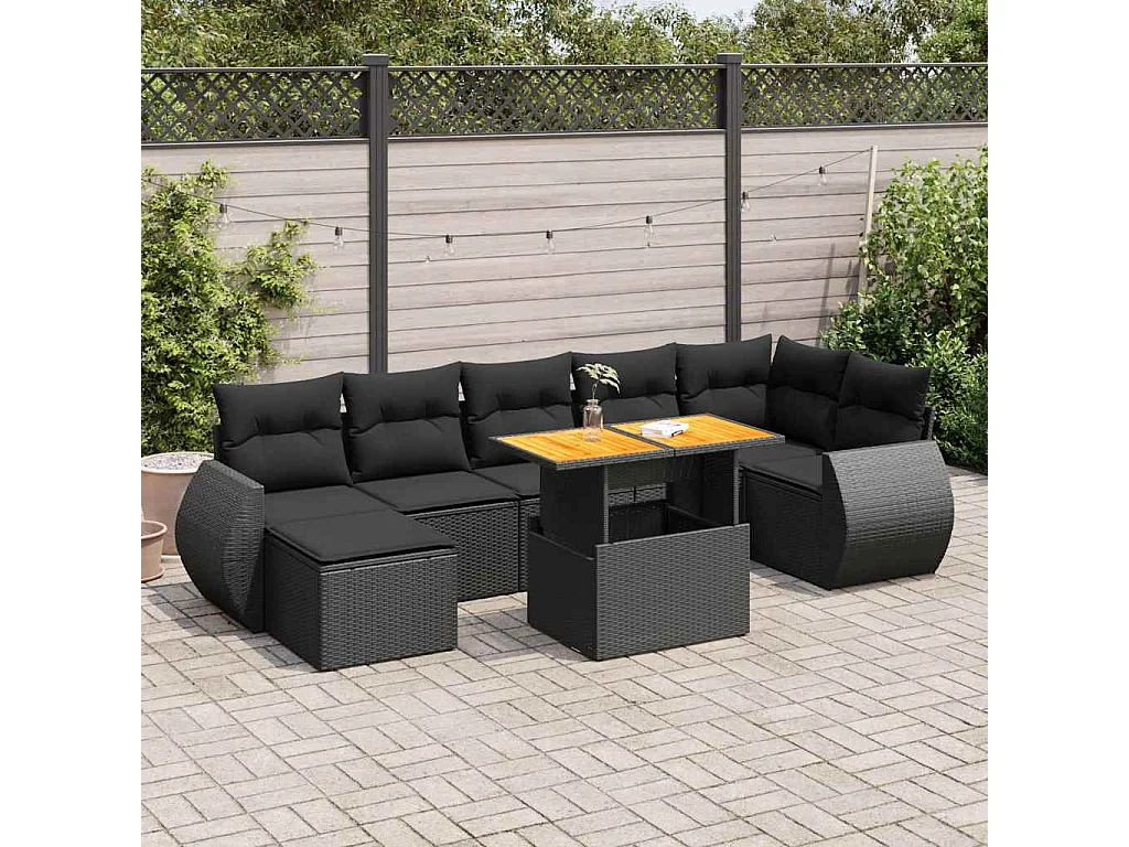 8-tlg. Garten-Sofagarnitur mit Kissen Schwarz Poly Rattan