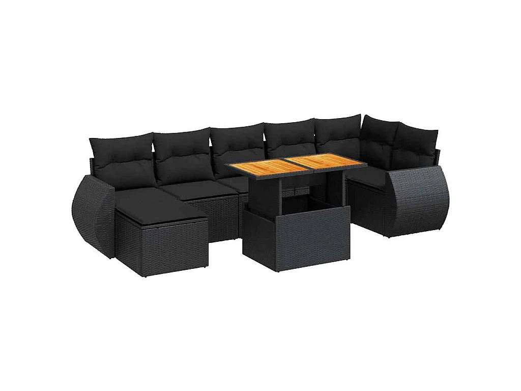 8-delige Loungeset met kussens poly rattan zwart