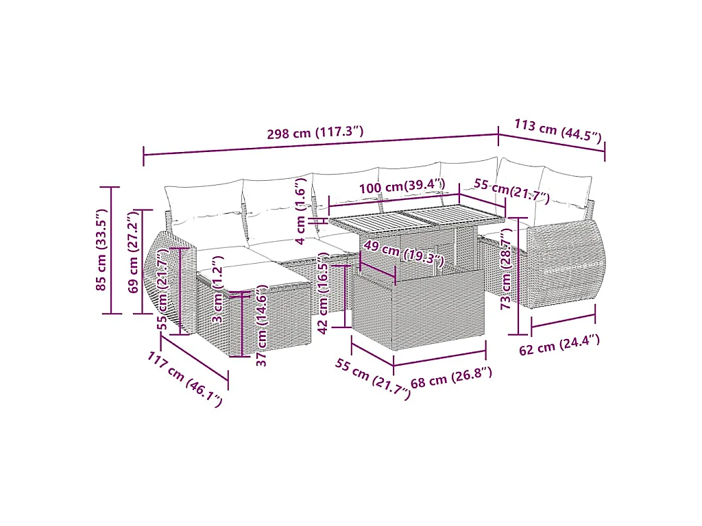 8-delige Loungeset met kussens poly rattan zwart