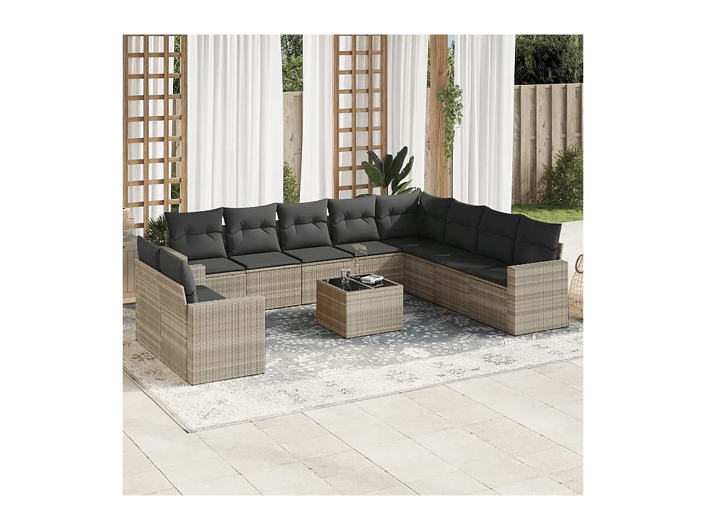 Salon de jardin 11 pcs avec coussins gris clair résine tressée