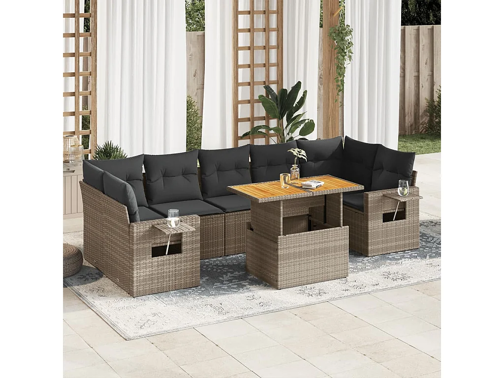8-delige Loungeset met kussens poly rattan grijs