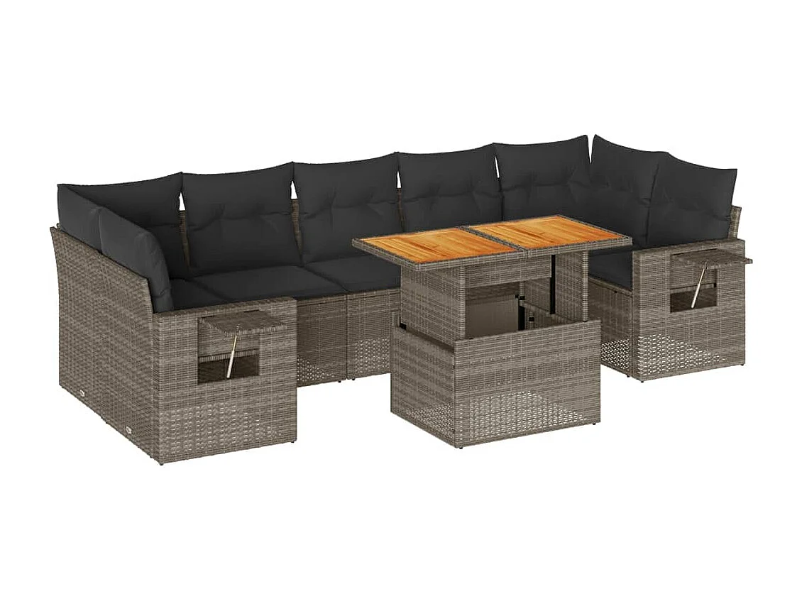 8-delige Loungeset met kussens poly rattan grijs
