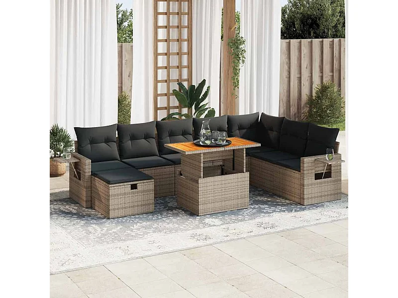 9 pcs conjunto sofás jardim almofadões vime PE/acácia cinzento