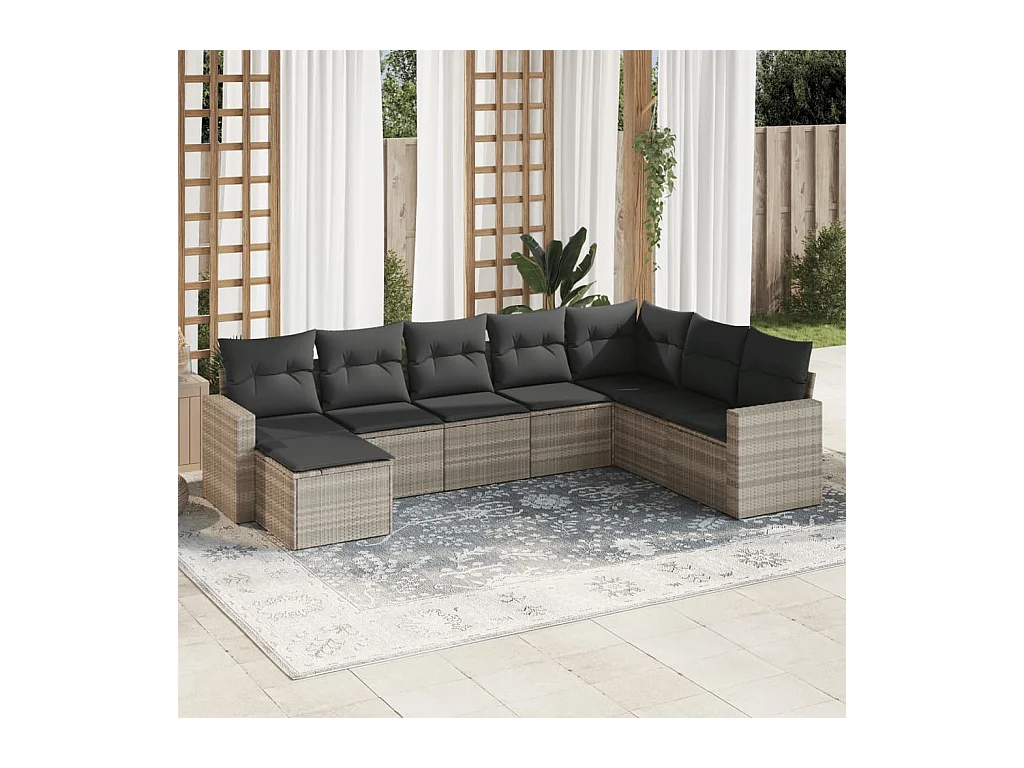 Salon de jardin 8 pcs avec coussins gris clair résine tressée