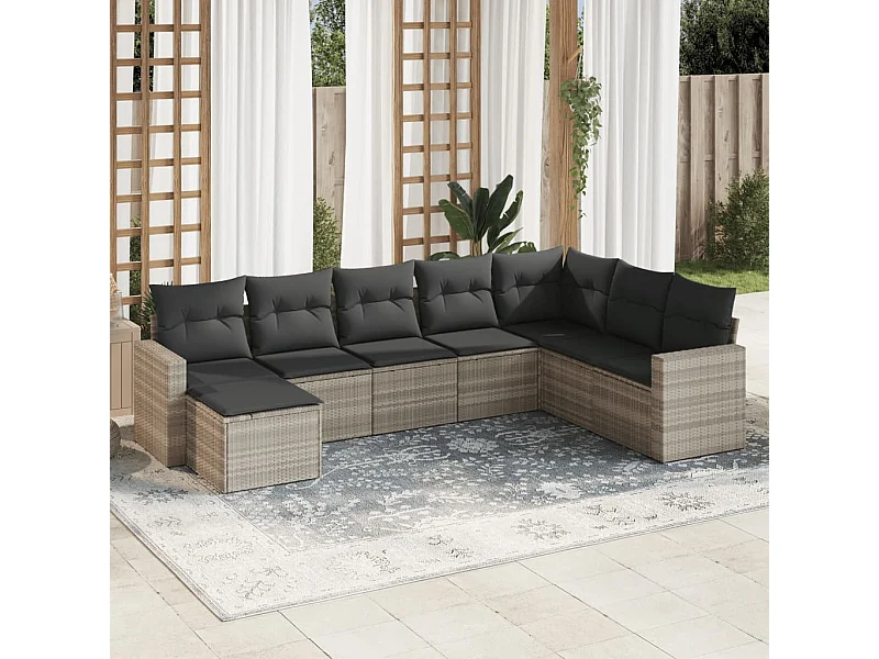 8-tlg. Garten-Sofagarnitur mit Kissen Hellgrau Poly Rattan