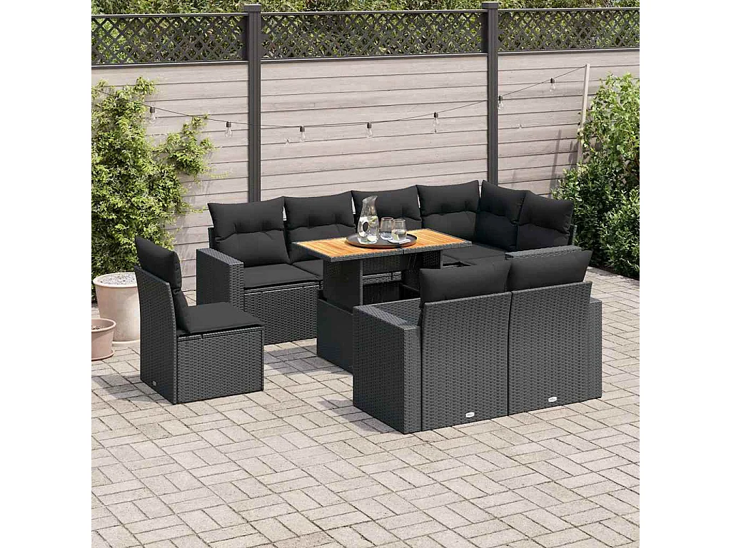 Set Divani da Giardino 9 pz con Cuscini Nero in Polyrattan