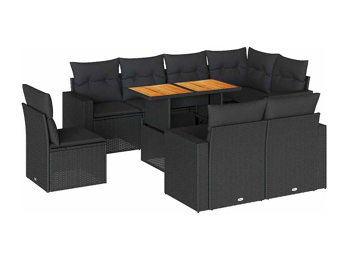 Salon de jardin 9 pcs avec coussins noir résine tressée