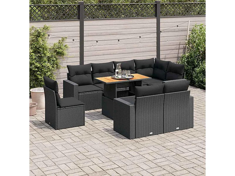 Salon de jardin 9 pcs avec coussins noir résine tressée