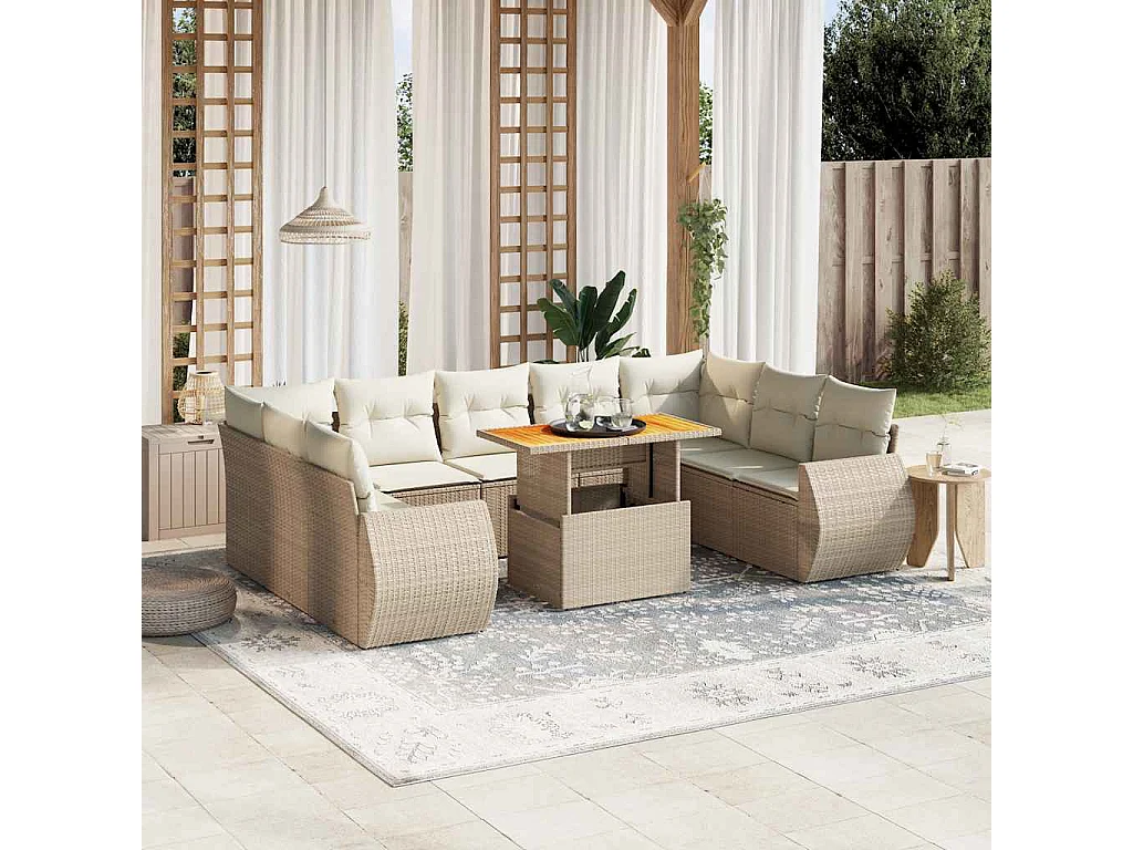 Set Divano da Giardino 10 pz con Cuscini Beige in Polyrattan