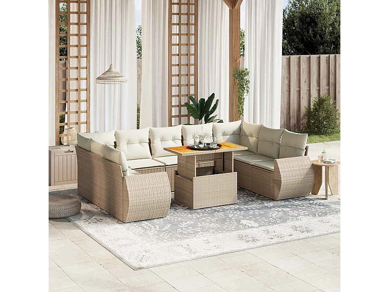 10-tlg. Garten-Sofagarnitur mit Kissen Beige Poly Rattan