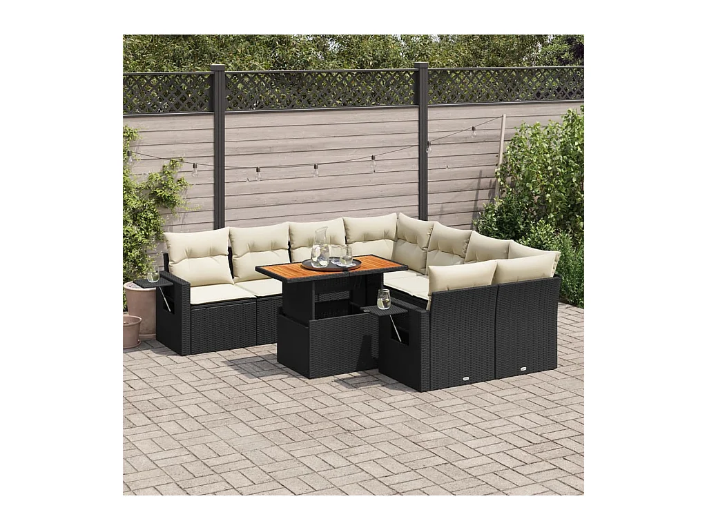 Salon de jardin 9 pcs avec coussins noir résine tressée