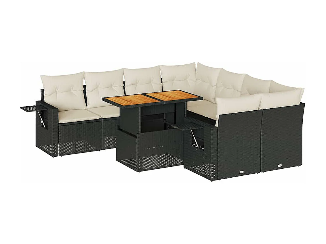 9-tlg. Garten-Sofagarnitur mit Kissen Schwarz Poly Rattan