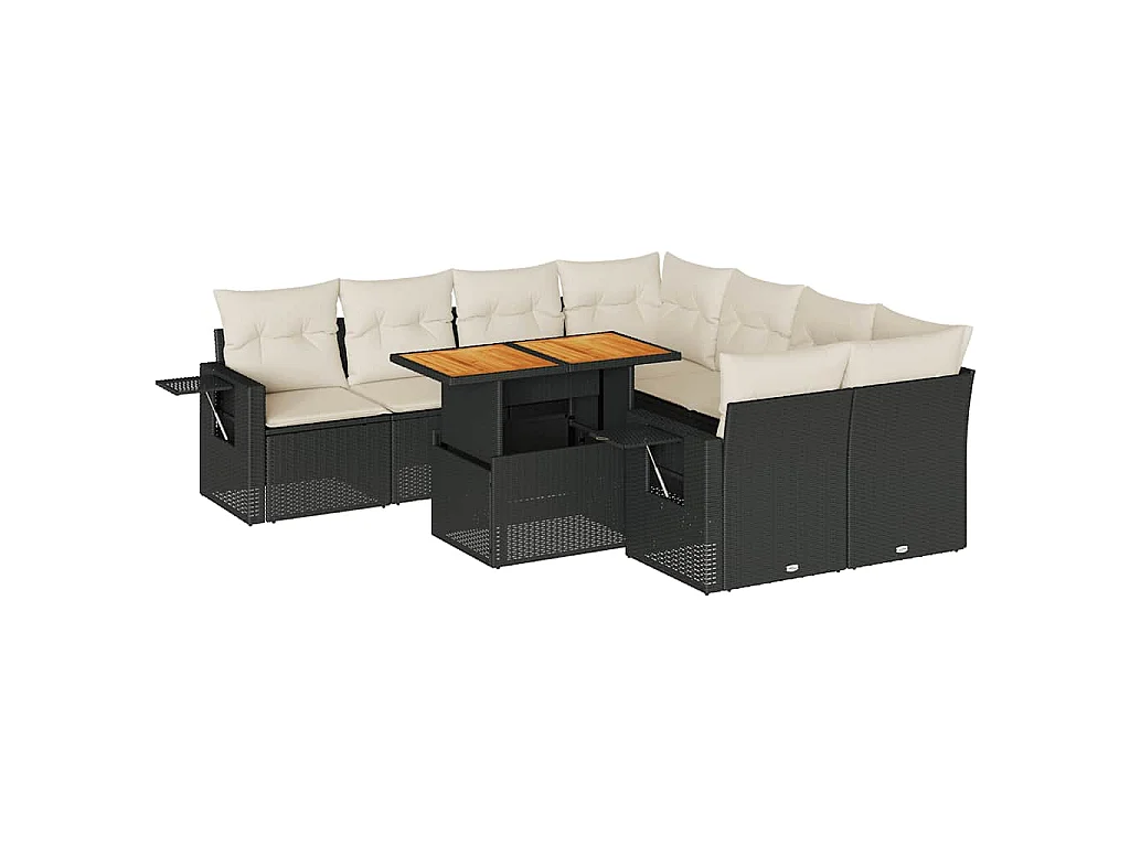9-delige Loungeset met kussens poly rattan zwart
