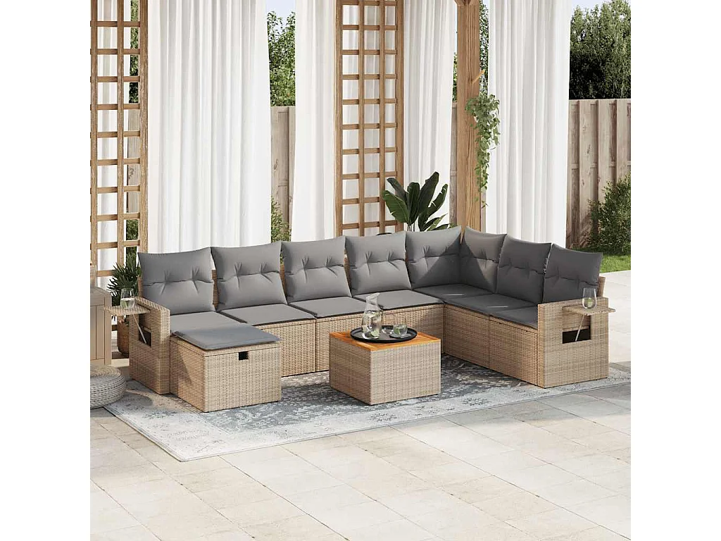 Set Divano da Giardino 9 pz con Cuscini Beige in Polyrattan