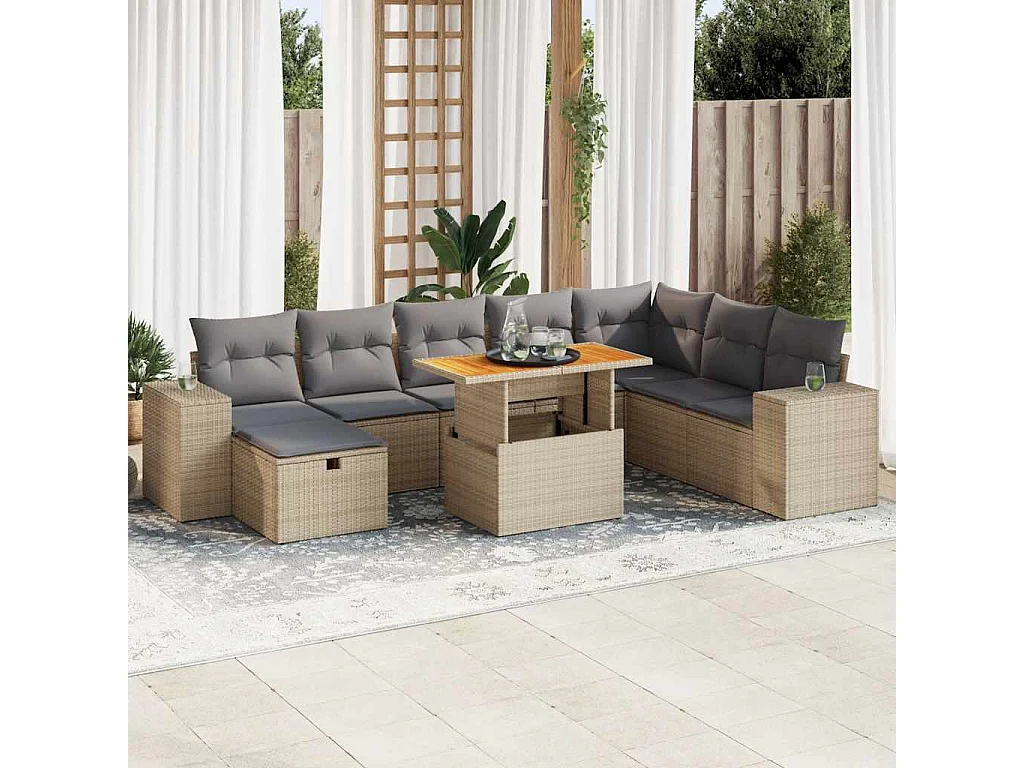 Set Divano da Giardino 9 pz con Cuscini Beige Polyrattan Acacia