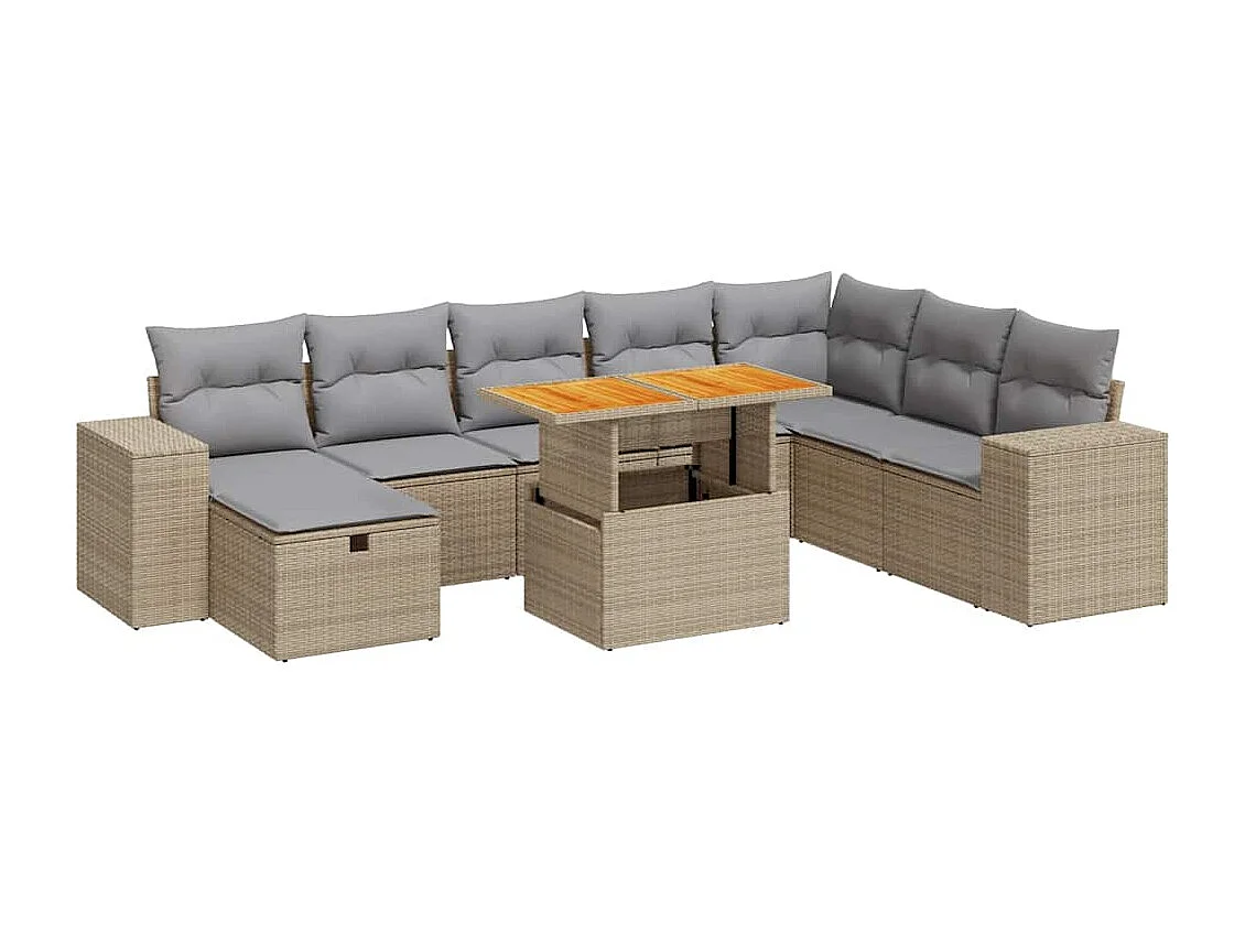 Set Divano da Giardino 9 pz con Cuscini Beige Polyrattan Acacia