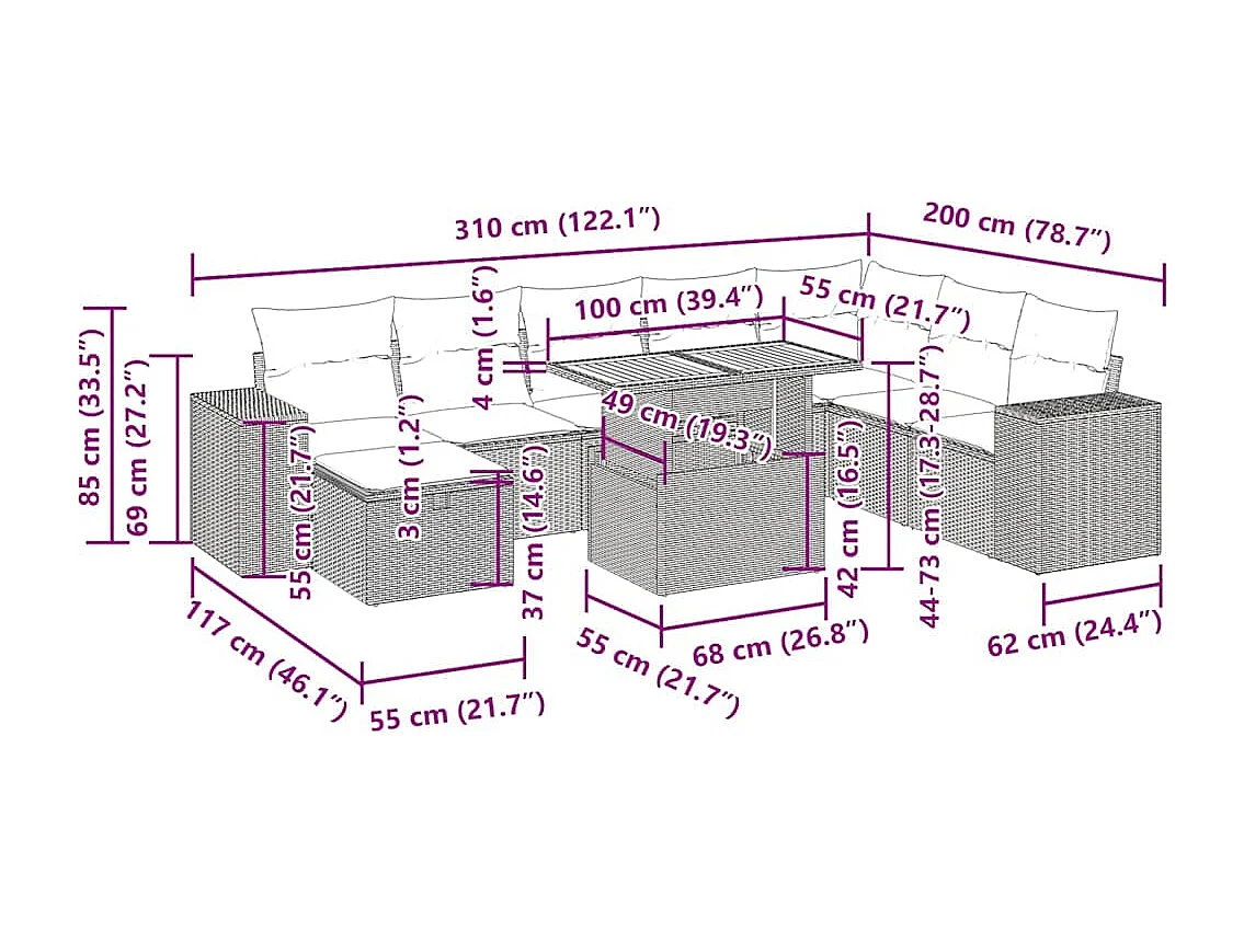 Set Divano da Giardino 9 pz con Cuscini Beige Polyrattan Acacia