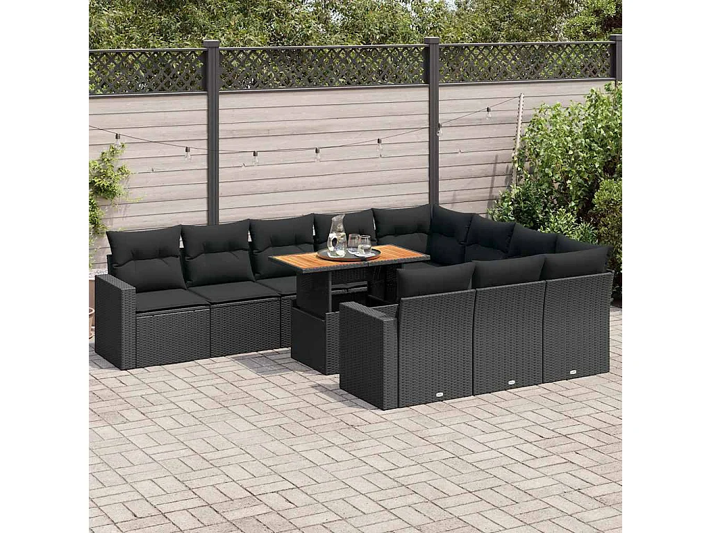 Salon de jardin 11 pcs avec coussins noir résine tressée