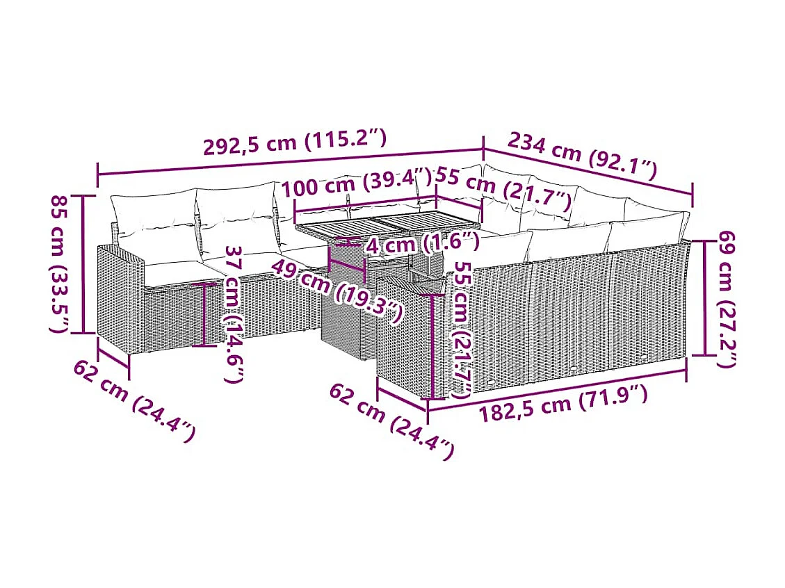 Salon de jardin 11 pcs avec coussins noir résine tressée