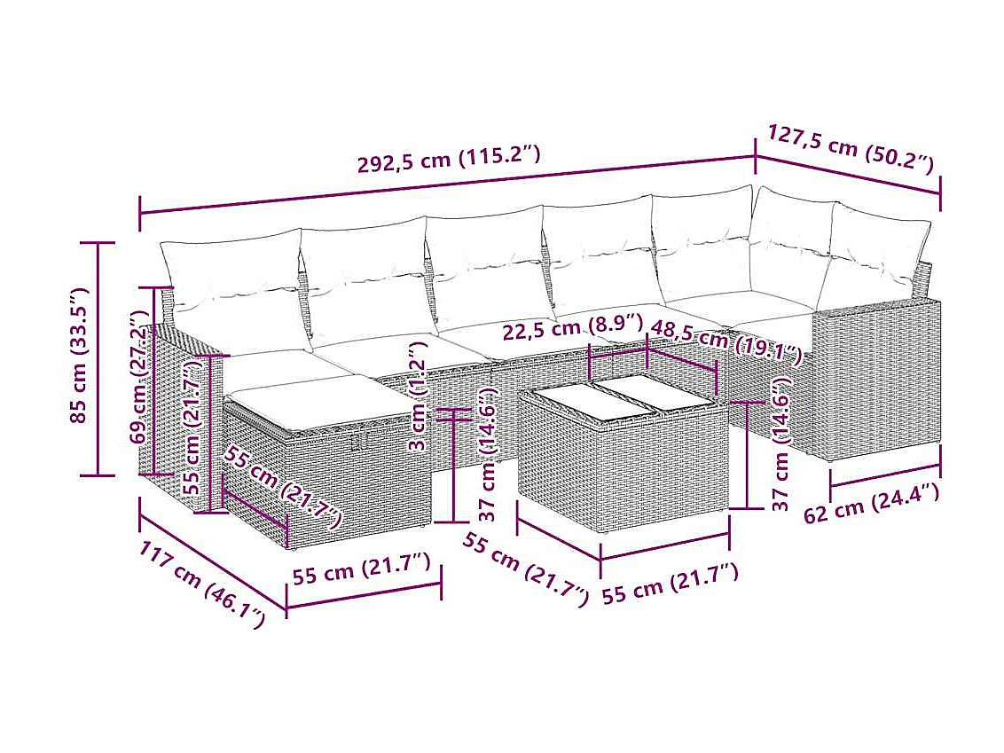 Salon de jardin 8 pcs avec coussins marron résine tressée