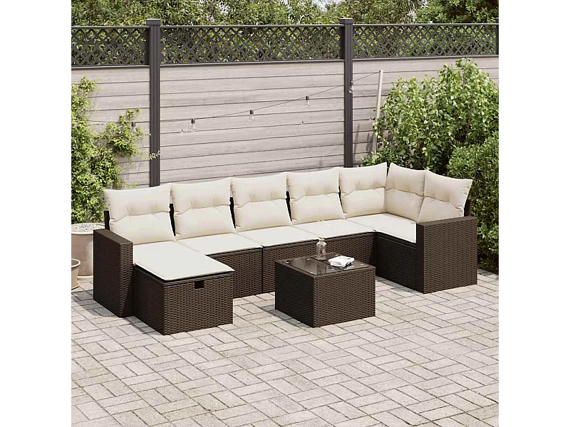 Salon de jardin 8 pcs avec coussins marron résine tressée