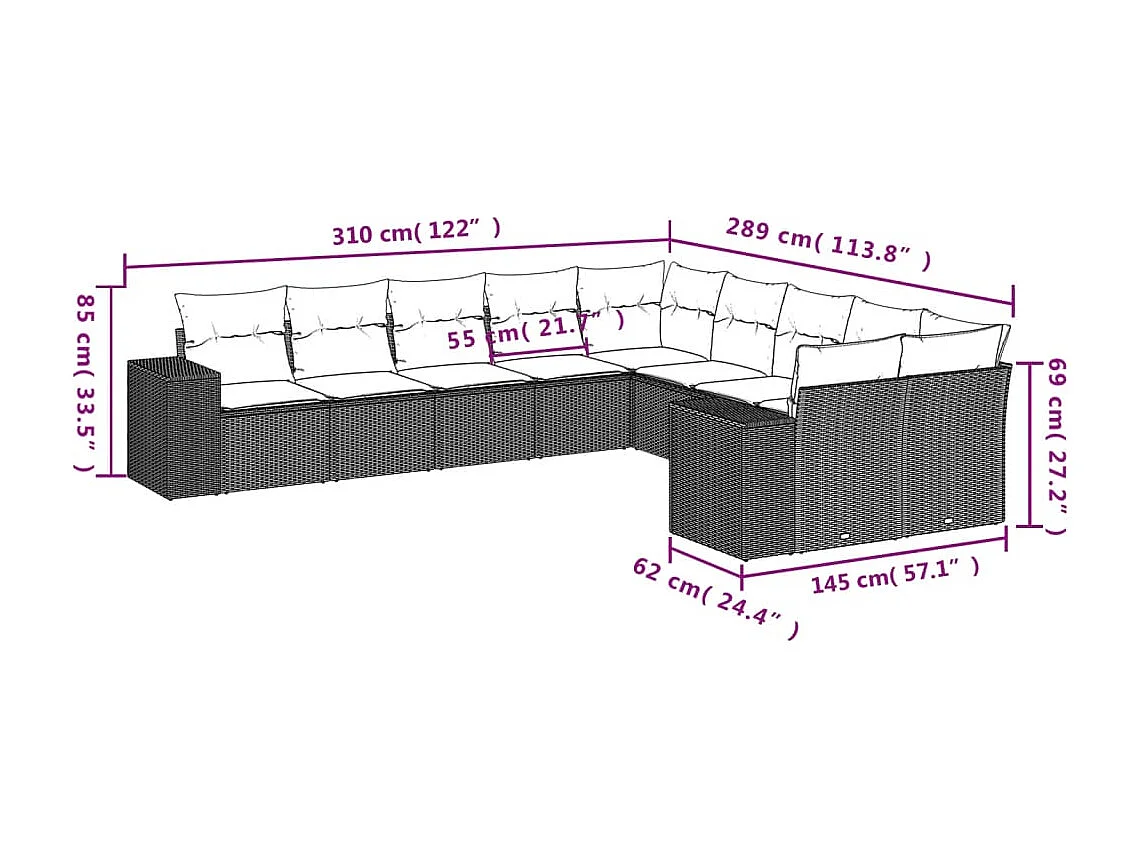 10-delige Loungeset met kussens poly rattan bruin