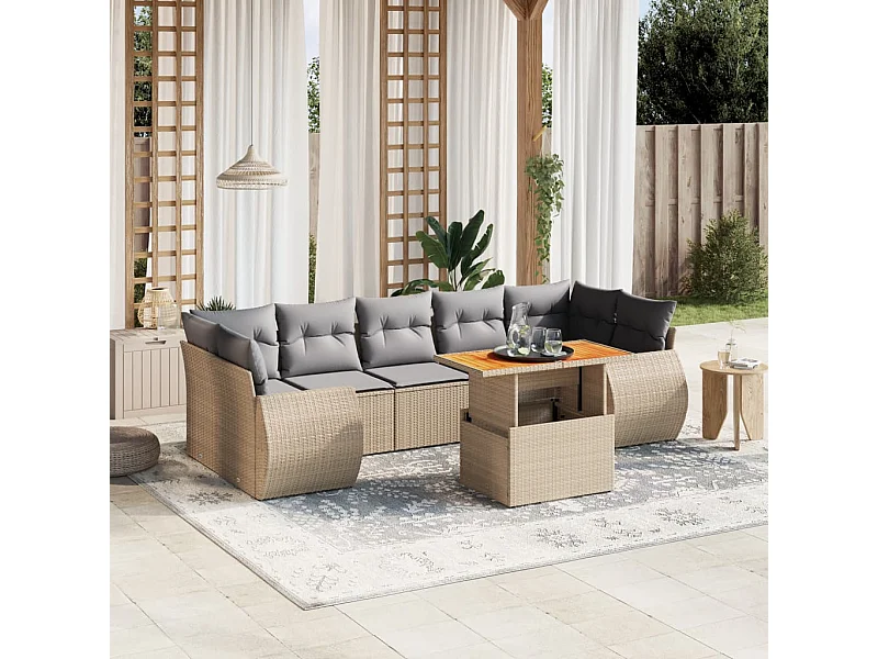Salon de jardin avec coussins 8 pcs beige résine tressée