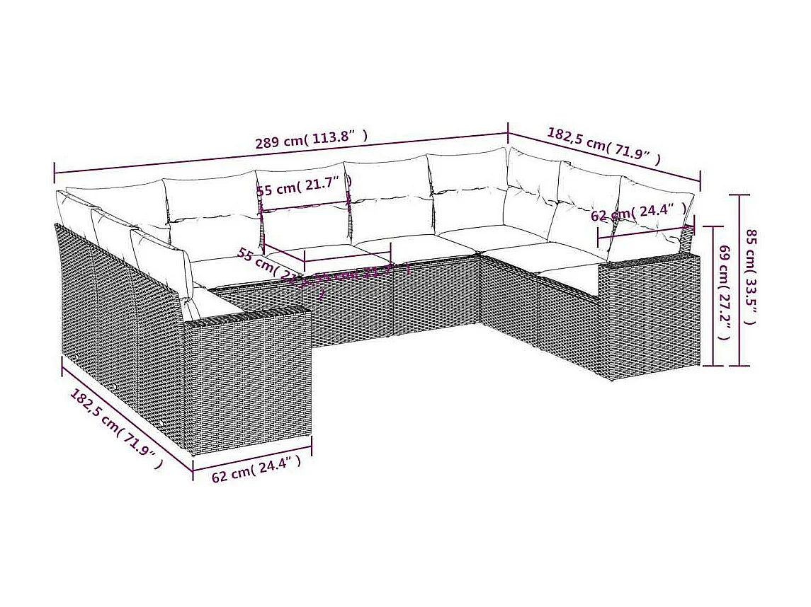 9-tlg. Garten-Sofagarnitur mit Kissen Hellgrau Poly Rattan