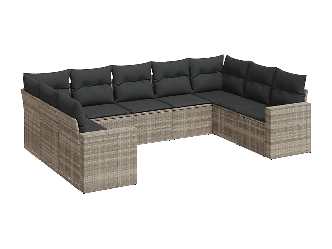 Salon de jardin 9 pcs avec coussins gris clair résine tressée
