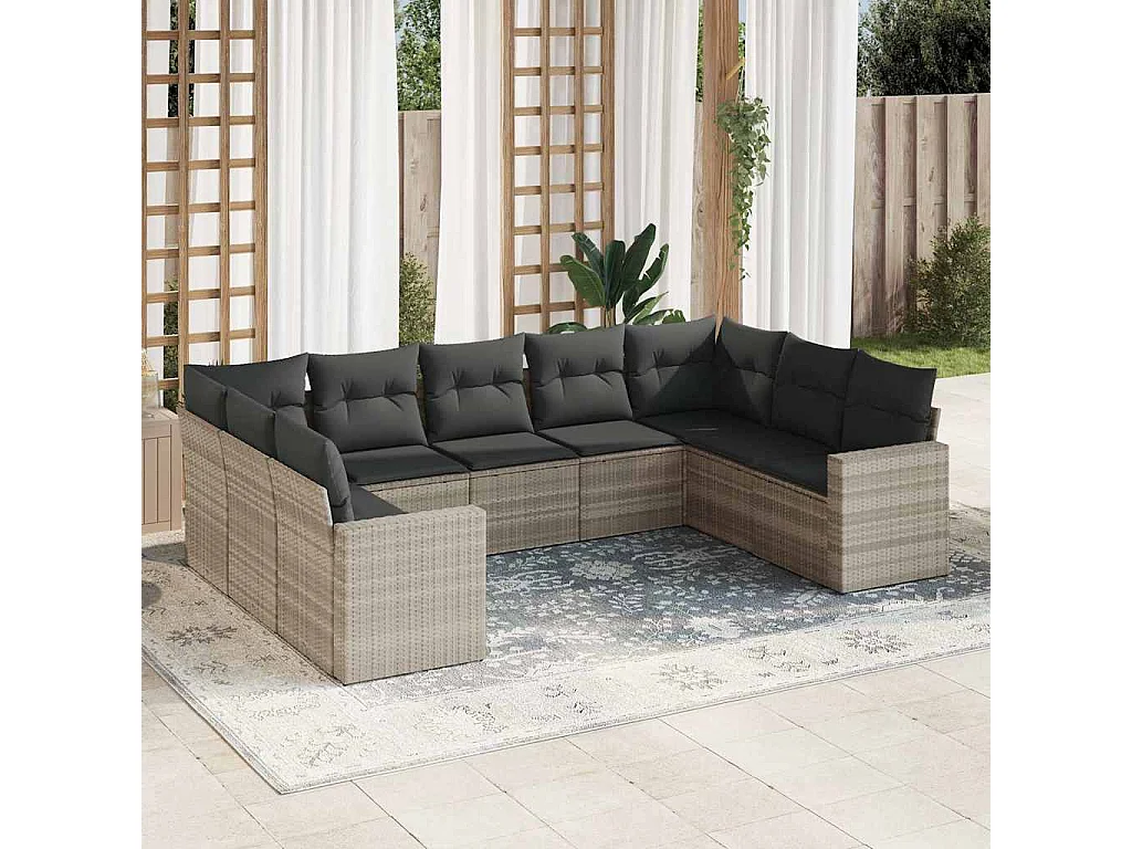Salon de jardin 9 pcs avec coussins gris clair résine tressée