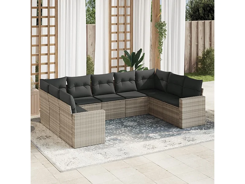 Salon de jardin 9 pcs avec coussins gris clair résine tressée