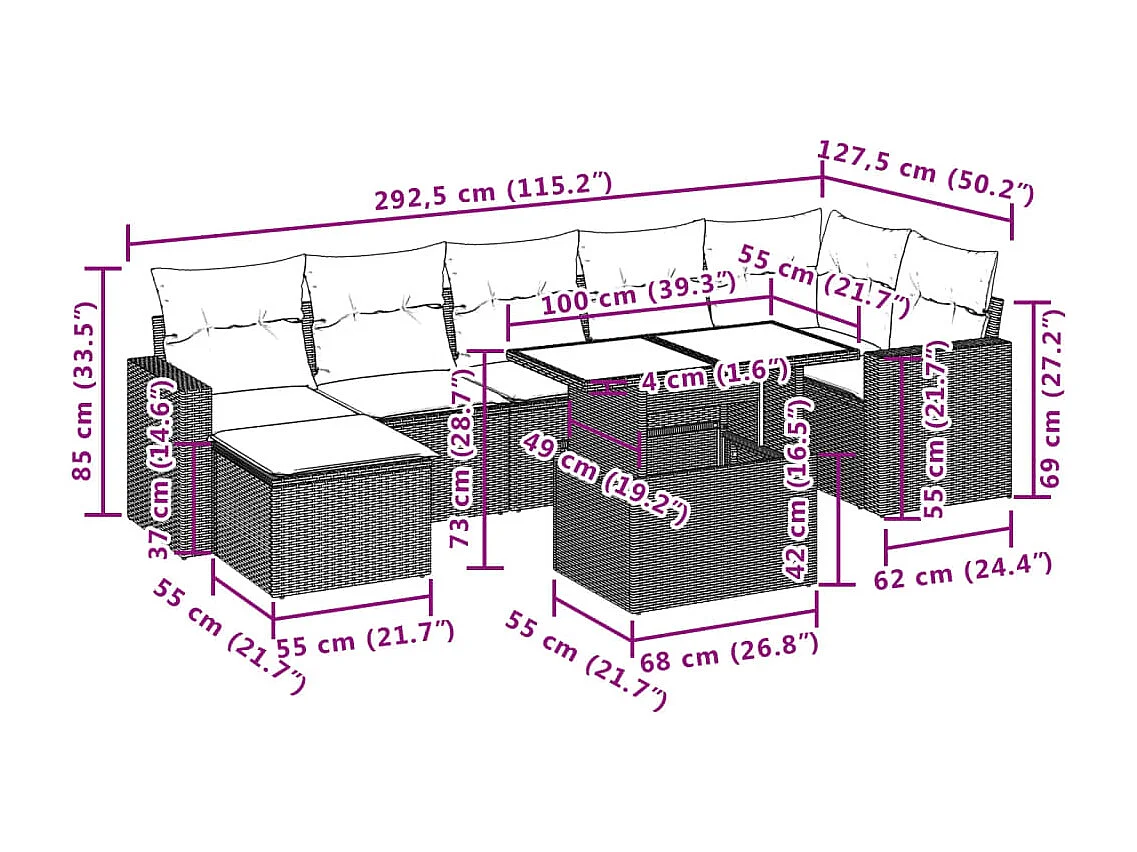 8-delige Loungeset met kussens poly rattan beige