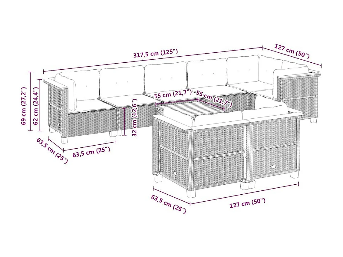Set de sofás de jardín con cojines 9 pzas ratán sintético beige