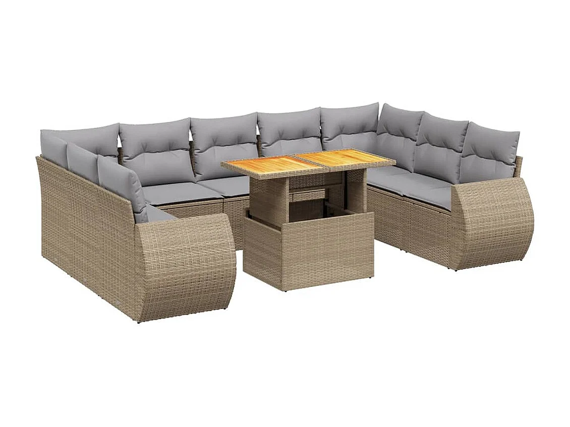 Salon de jardin avec coussins 10 pcs beige résine tressée