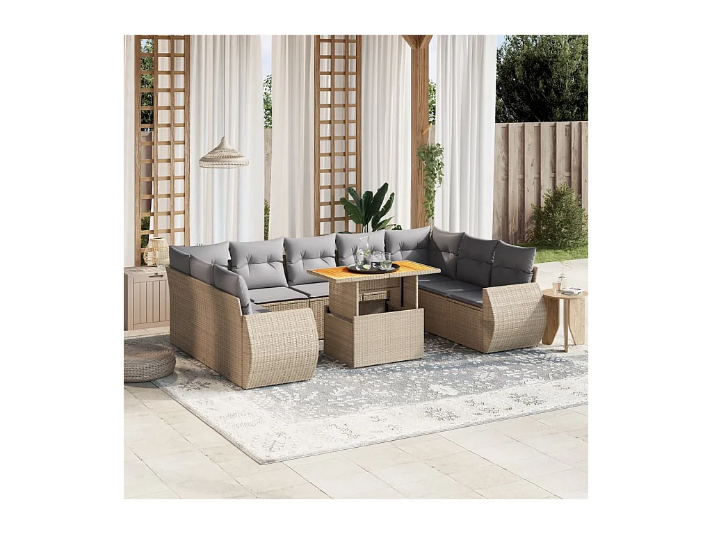 Salon de jardin avec coussins 10 pcs beige résine tressée