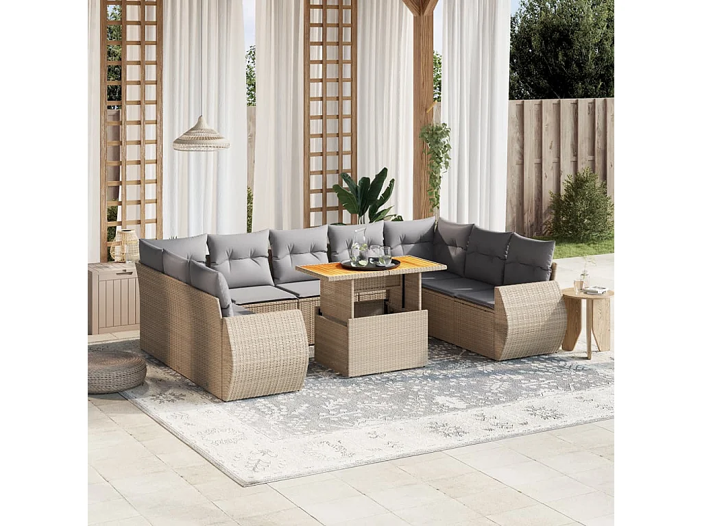 Salon de jardin avec coussins 10 pcs beige résine tressée