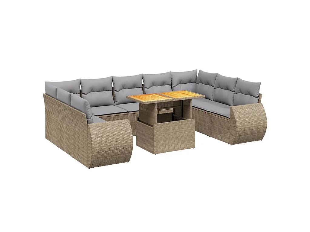 10-delige Loungeset met kussens poly rattan beige