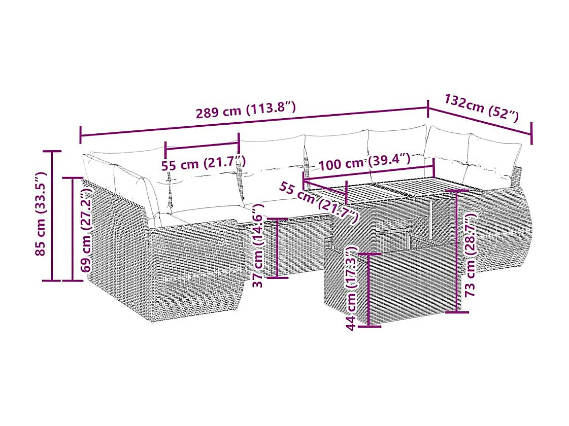 8 pcs conjunto de sofás p/ jardim com almofadões vime PE bege