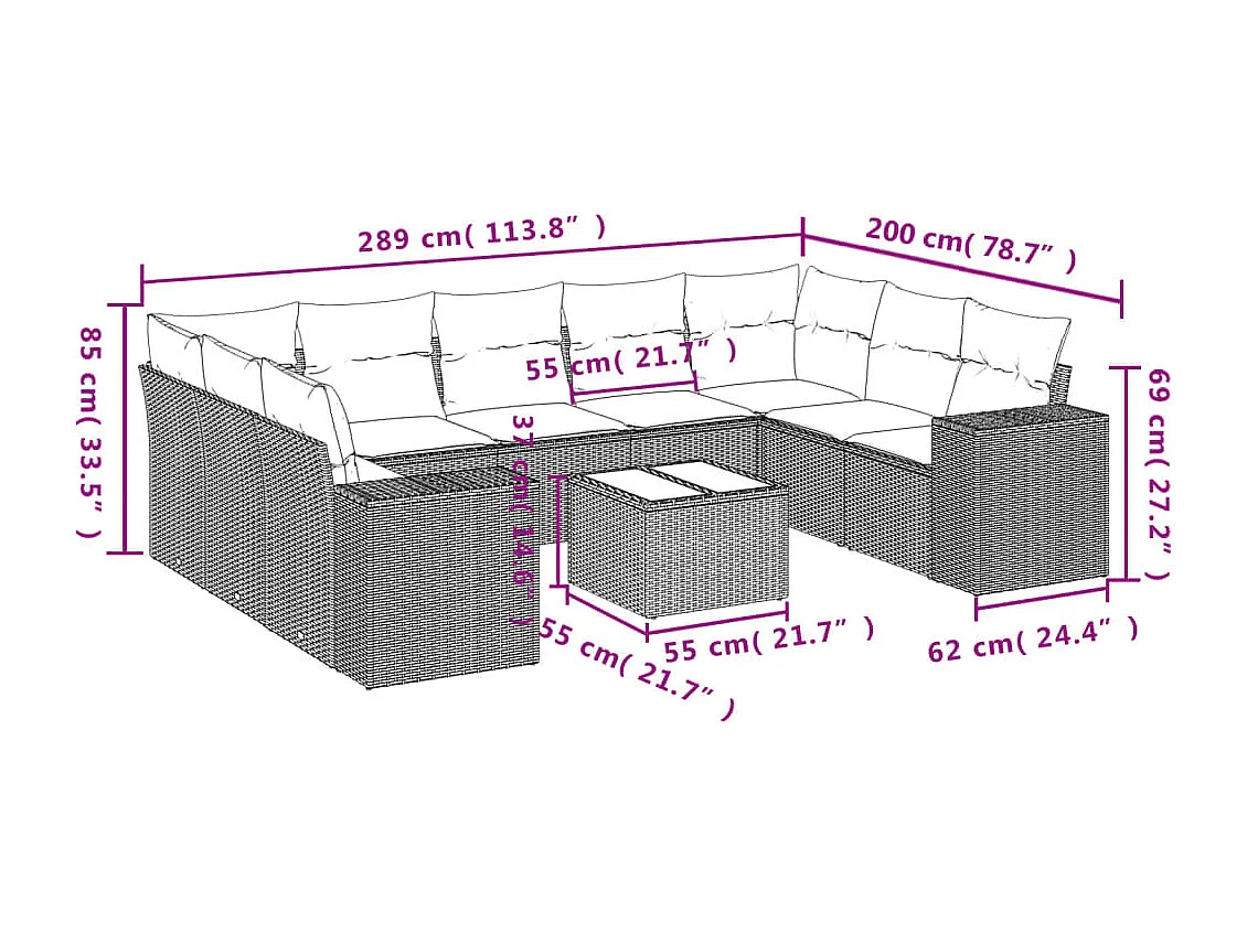10-tlg. Garten-Sofagarnitur mit Kissen Braun Poly Rattan