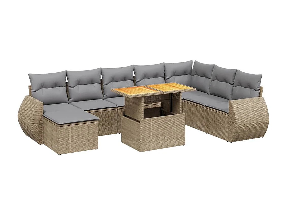 Salon de jardin avec coussins 9 pcs beige résine tressée