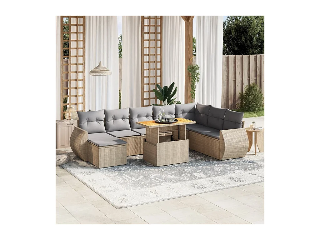 Set Divano da Giardino 9 pz con Cuscini Beige in Polyrattan