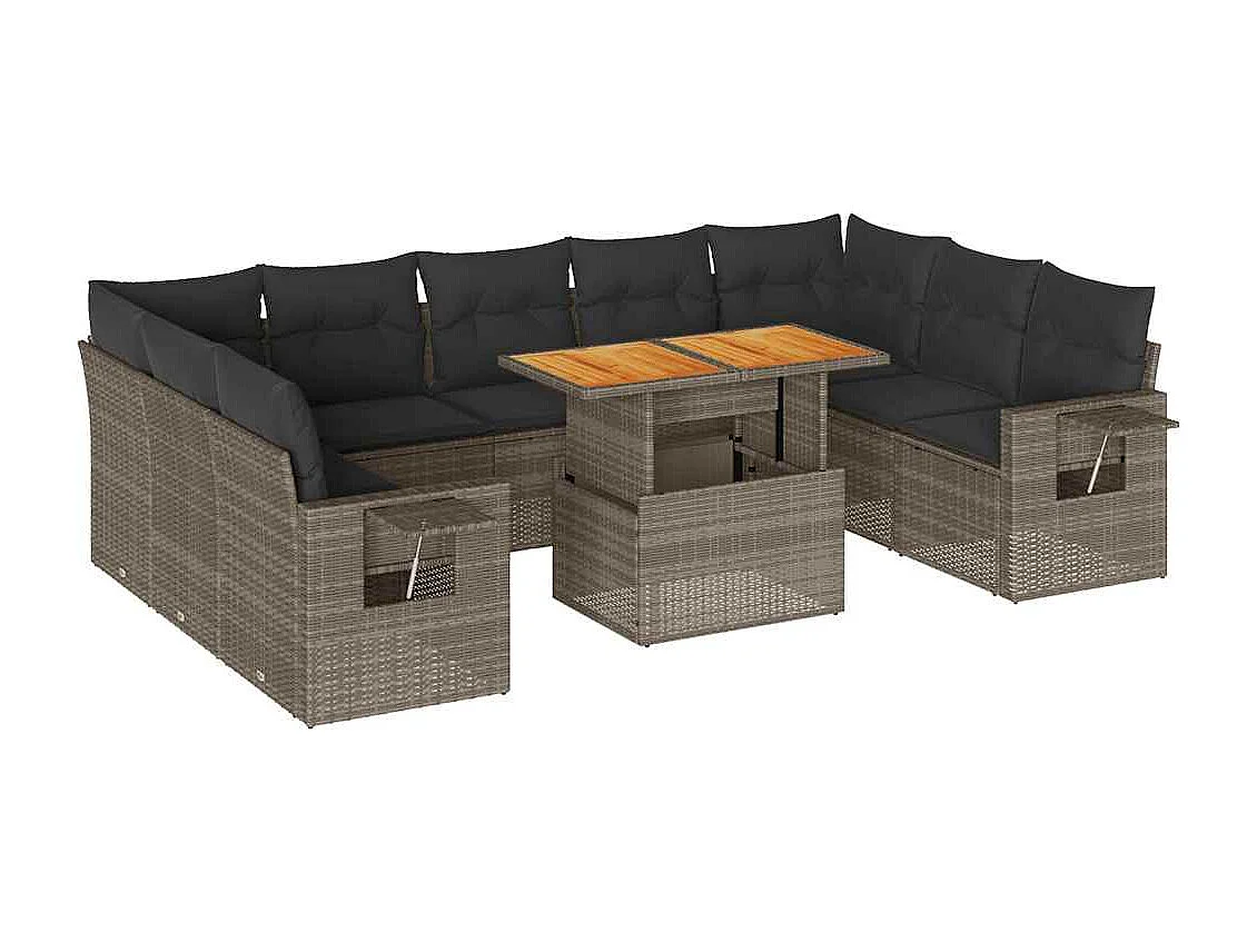 Salon de jardin avec coussins 10 pcs gris résine tressée