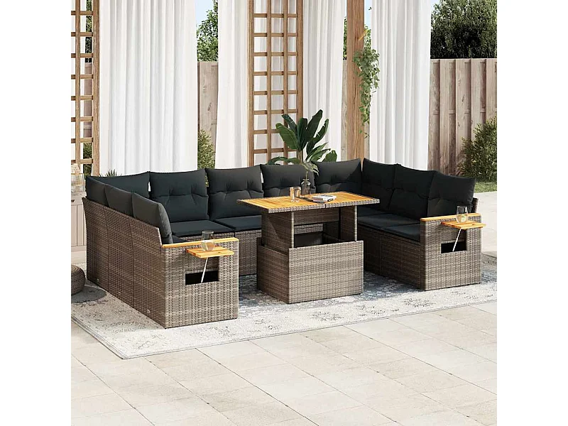 Divano Giardino 10 pz con Cuscini Grigio in Polyrattan Acacia