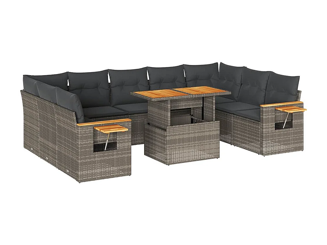 10-delige Loungeset met kussens poly rattan acacia grijs