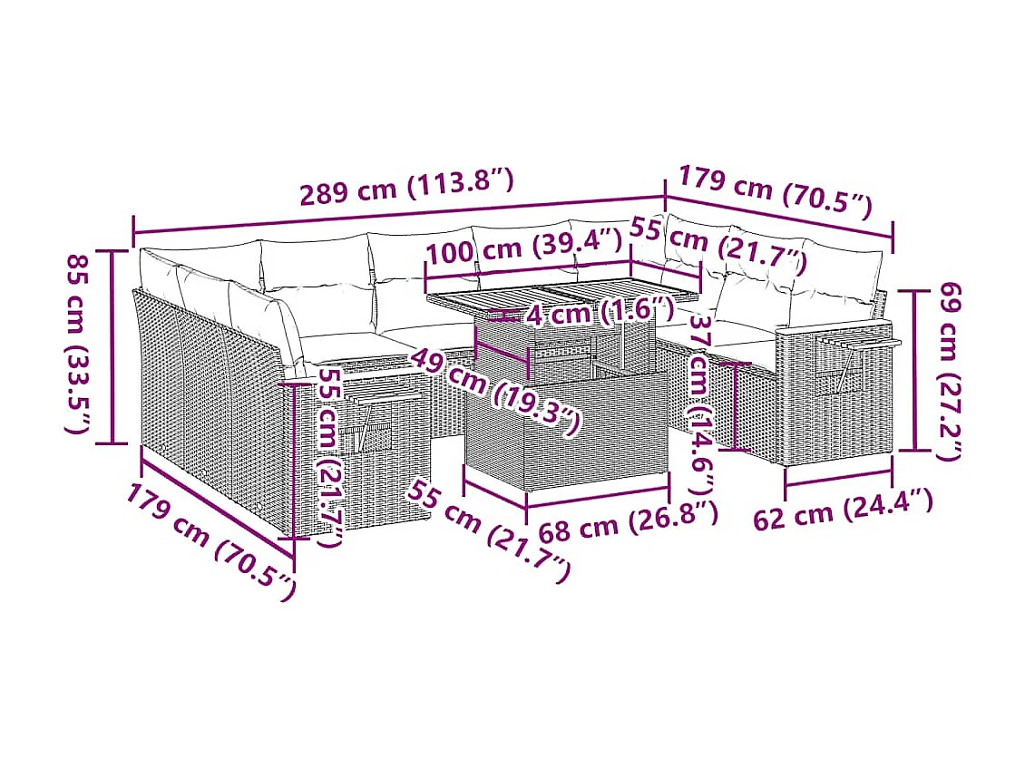 10-delige Loungeset met kussens poly rattan acacia grijs